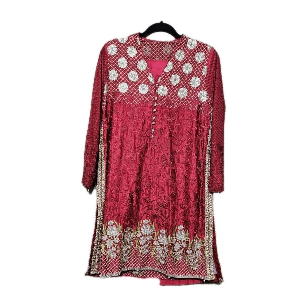 Pakistani Kameez Trouser Dupatta Medium Pit To Pit 21 Inch Red Gold